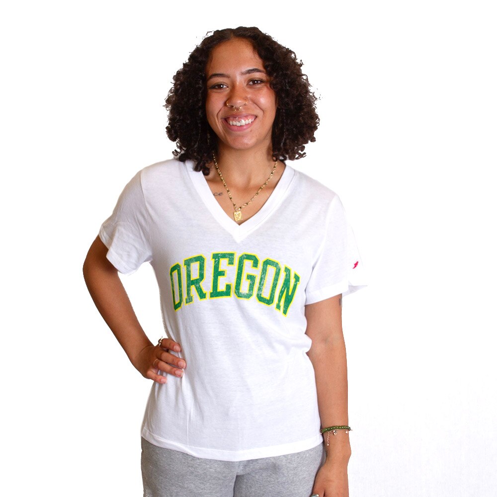 Arched Oregon, League, White, V-Neck, Tri-blend, Women, Boyfriend, V-neck, T-Shirt, 813949